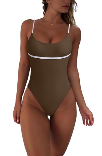 Image of geluboao One Piece Swimsuit Women Tummy Control Bathing Suit Sexy Color Block Spaghetti Straps High Cut Thong Swimwear