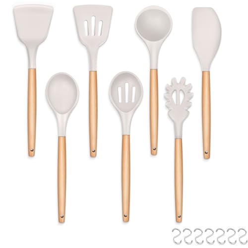 HaWare Kitchen Utensils Set, 7 Pcs Silicone Cooking Utensils Includes Spatula/Ladle/Slotted Turner/Serving Spoon/Pasta Server, Wooden Handle for Heat Resistant, Non-Stick Cookware Friendly - Khaki HaWare Kitchen Utensils Set, 7 Pcs Silicone Cooking Utensils Includes Spatula/Ladle/Slotted Turner/Serving Spoon/Pasta Server, Wooden Handle for Heat Resistant, Non-Stick Cookware Friendly - Khaki