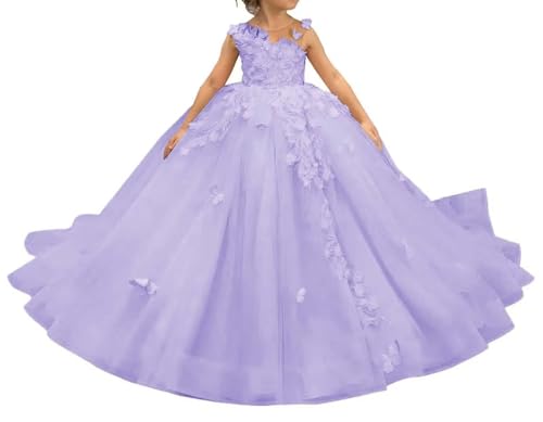 Laces Appliques Flower Girls Dress 3D Butterfly Princess Ball Gowns for Gilrs Tulle First Communion Dress