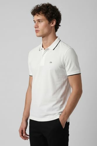 Image of Peter England Men's Snug Fit Solid Polo T-Shirt with Coloured Collar Tipping| Cotton Rich| Premium Pique Weave