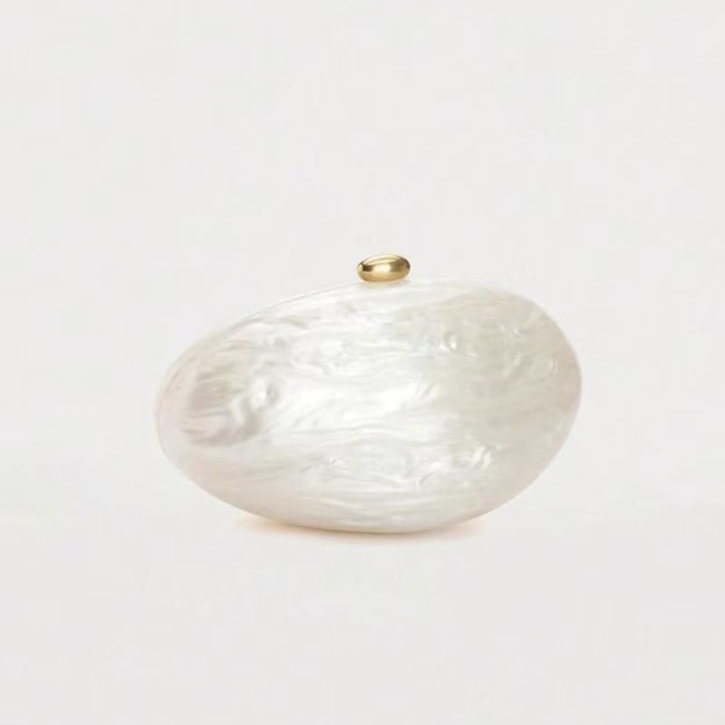 Image of Oval Acrylic Evening Clutch Bag, Ivory White Pearl Effect Shell Shaped Purse, Formal Wedding Prom Party Handbag for Women