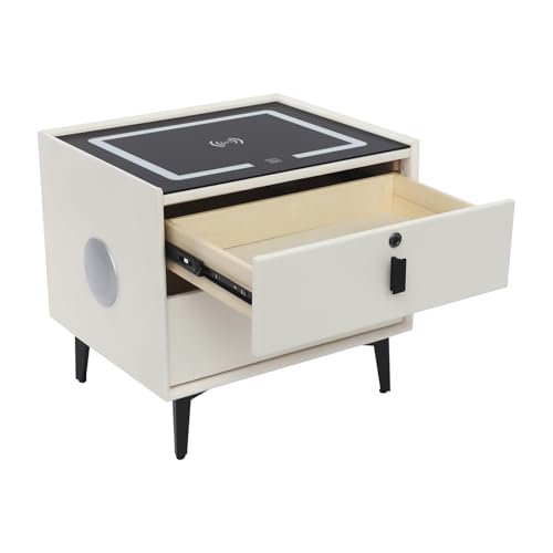 Mesita de noche con cajón de bloqueo de huellas dactilares, mesa de noche inteligente con carga inalámbrica, altavoz Bluetooth, mesa lateral con cajones de almacenamiento, adecuada para colocar libros