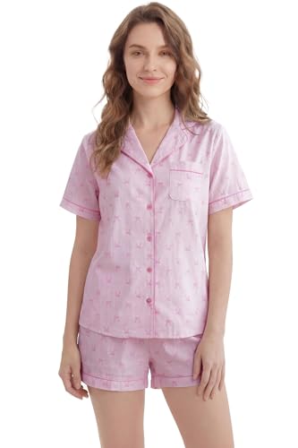 Image of LUBOT 100% Cotton Pajamas for Women 2 Piece PJ Set Poplin Woven Lightweight Ladies Button Short Sleeve Sleepwear S-XXL