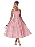 EBAKUS Halter Square Neck Prom Dresses with Bow Tea Length Blush Jacquard Satin A-line Formal...