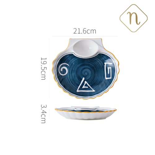 Image of Nestasia Set of 2 Ceramic Shell-Shaped Snack Plate with Dip Section for Chutney | Microwave & Dishwasher Safe Starter Plates | Perfect for Fries, Momos, Sushi, Kebab (White & Blue)