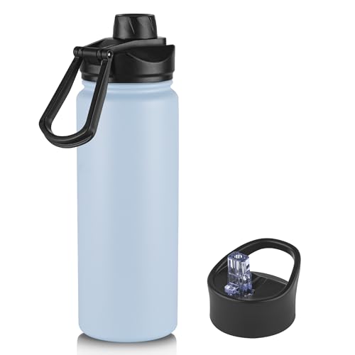 24oz Insulated Water Bottle with Straw Lid, Stainless Steel Metal Water Bottle with Straw & Wide Mouth Lid, Double Wall Vacuum Water Bottle for Hiking Camping, Light Blue 1 Pack