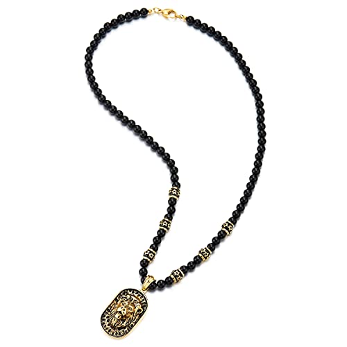 COOLSTEELANDBEYOND Gothic Style Mens Beads Necklace with Stainless Steel Lion Head Shield Pendant2