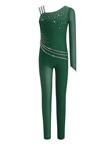 iEFiEL Gymnastikanzug Mädchen Langarm Ganzkörper One-shoulder Turnanzug Voltigieranzug Turnbody Akrobatik Rhythmische Sportgymnastik Anzug Grün 170