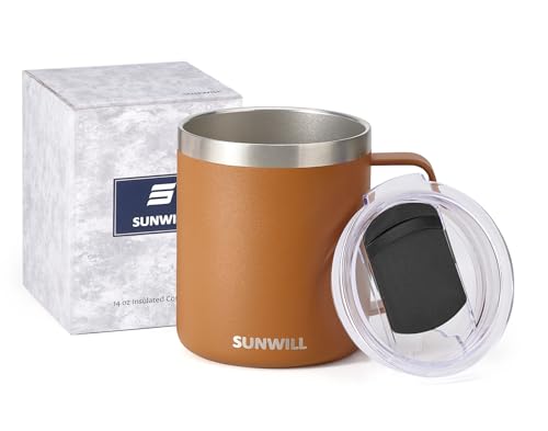 Image of SUNWILL Insulated Coffee Mug with Lid, Travel Tumbler with Handle, 14 oz Stainless Steel Cup for Camping, Office, Home, Powder Coated Caramel