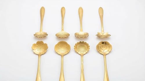 Image of 8Pcs Gold Flower Tea Spoon Set of 8 | Stainless Steel Coffee, Dessert & Ice Cream Spoons | Decorative Floral Cutlery for Home, Cafe, Dining Table & Gifting Use
