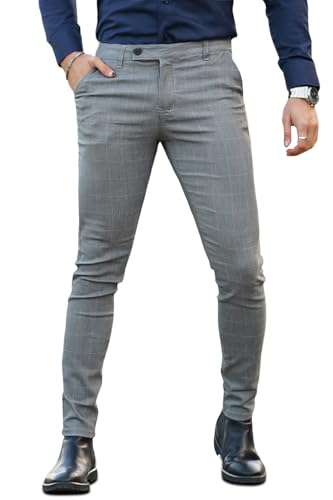 GINGTTO Grey Plaid Pants for Men Slim Fit Stretch Chino Pants Men(30W30L,grey2 with Extended Belt)