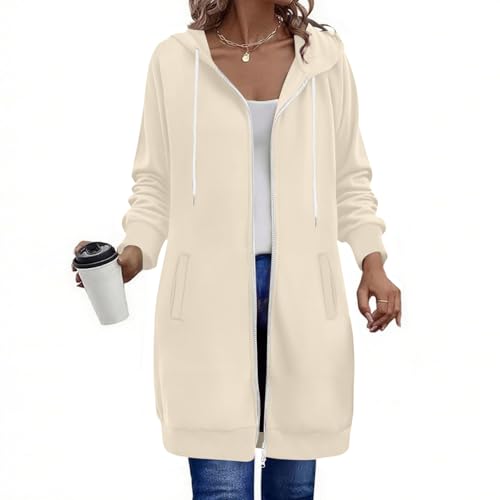 Generisch Winterjacke Damen Lang Sweatjacke mit Kapuze Casual Einfarbig Hoodie Herbst Winter Übergangsjacke Zipper Kapuzenjacke mit Taschen Locker Kapuzenpullover Leichte Jacke Mantel