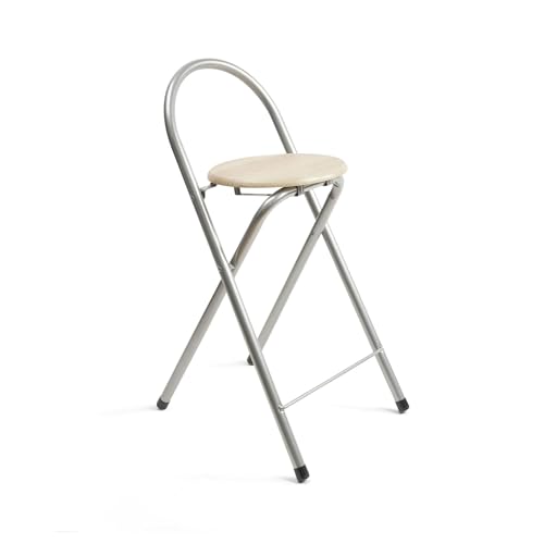 THE SECRET HOME - Taburete Plegable de Cocina - Asiento Plegable de Metal y Madera - Taburete Apto para Interior y Exterior (Alto: 80 cm x Largo: 40 cm - Madera Clara/Plateado)