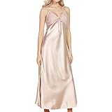 ASHER FASHION Women's Sexy Satin Long Nightgown Lace Slip Lingerie Chemise Robes Camel US 4-6 = Tag M