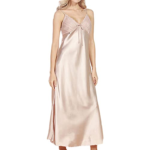 ASHER FASHION Women's Sexy Satin Long Nightgown Lace Slip Lingerie Chemise Robes Camel US 4-6 = Tag M
