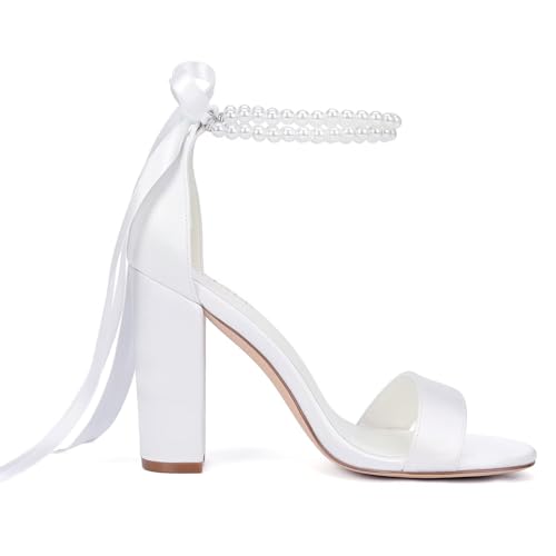 High Block Heels Wedding Shoes for Bride Open Toe Bridal Shoes Pearl Heels Wedding Sandals4