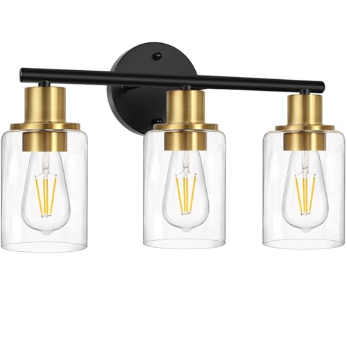 3-Light Bathroom Light Fixtures, Black and Gold Bathroom Wall Lights, Modern Vanity Light with Clear Glass Shade, Bathroom Wall Lamp for Mirror Kitchen Bedroom Hallway Cabinet