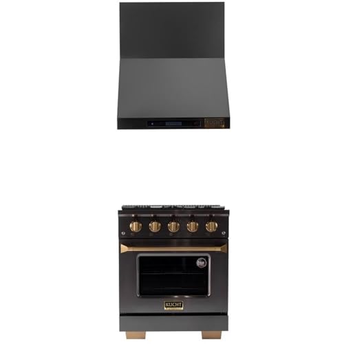 Pemberly Row 30' Natural Gas Range, 4.2 cu ft Convection Oven & Range Hood, Titanium Stainless Steel Finish, Gold Accents, 4-Burner, Heavy-Duty Cast Iron Grates, Wall Mount Hood for Luxury Kitchen