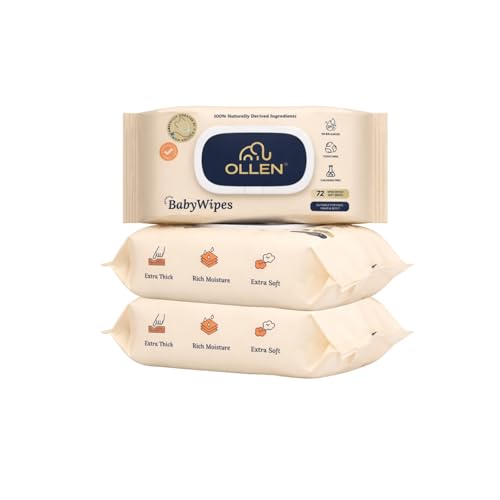 Image of OLLEN Extra Thick Baby Wipes with Lid | Water-Based, Unscented & Gentle on Skin | Plant-Based Fabric | Aloe Vera & Chamomile (Pack of 3)