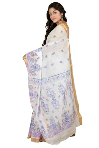 Image of eC ESHA'S COLLECTION Women's Kerala Cotton Floral Motif Printed Zari Bordered Tant Saree Without Blouse Piece