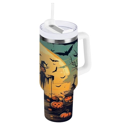 SKYSHU Vaso de calabaza de Halloween de 30 onzas con asa, botella de agua deportiva aislada al vacío de acero inoxidable, taza de café de viaje a prueba de fugas con tapa y popote para agua, té helado