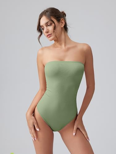 Image of OQQ Womens Tube Bodysuits Strapless Basic Sleeveless Ruched Stretch Classic-Fit Tops Sexy Bodysuits