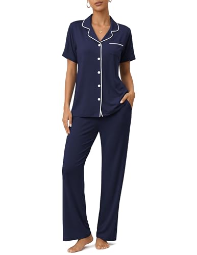 Image of ZMJ Womens Pajamas Sets 2 Piece Button Up Pj Sets Short Sleeve with Long Pant