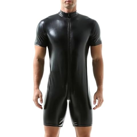YUFEIDA Men's Faux Leather Undershirts One Piece Bodysuit Leotard Jumpsuits Wrestling Singlets Party Club Casual Onesies Shapewear Zipper Short Sleeve Wetlook Undershirts Cover