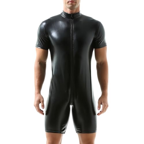 QiaTi Herren Kurzarm Kurze Hose Leotard Zip Strumpfhose Kunstleder Bodysuit