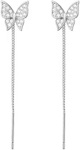 El Regalo CZ Butterfly Threader Chain Earrings for Women, Teen Girls- Butterfly Dangling Earrings- Rhinestone Butterfly Long Tassel Threader Dangle Earrings (Silver) (B0D41L4LX6) Amazon Price History, Amazon Price Tracker