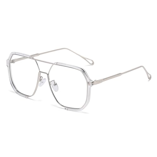 Image of LJCZKA Pilot Blue Light Blocking Glasses Women Men 70s Square Metal Frame Oversized Double Bridge Computer Gaming Eyeglasses