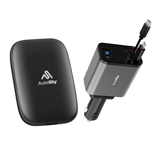 AutoSky AI Box Lite + 4‑in‑1 Retractable Car Charger Bundle – Wireless CarPlay & Android Auto, Streaming app & YouTube, Fast Charging 100W USB‑C & 20W Lightning