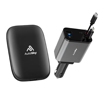 AutoSky AI Box Lite + 4in1 Retractable Car Charger Bundle Wireless CarPlay & Android Auto, Streaming app & YouTube, Fast Charging 100W USBC & 20W Lightning