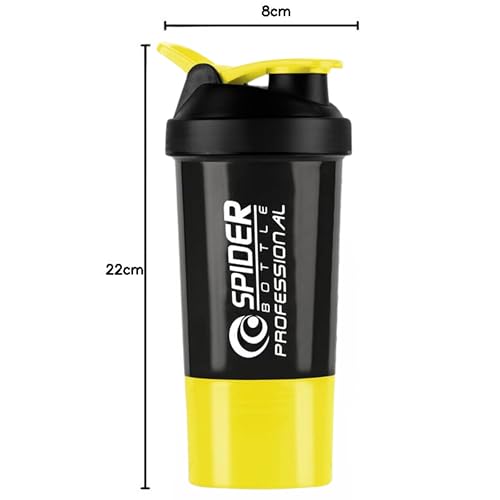 Image of Zyro Spider Gym Shaker Bottle, Shakers for Protein Shake 500 Ml with 1 Storage Compartment Gym protein shaker for workout (Pack of 1,Yellow)