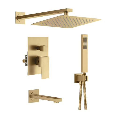 KIBI Cube Sistema de Ducha de Baño Montado en Pared con 3 Funciones, Latón Cepillado, Válvula Equilibradora de Presión, Brazo de Ducha de 15 Pulgadas, Modo de Ducha de Cascada Manual (KSF406) miniatura 2
