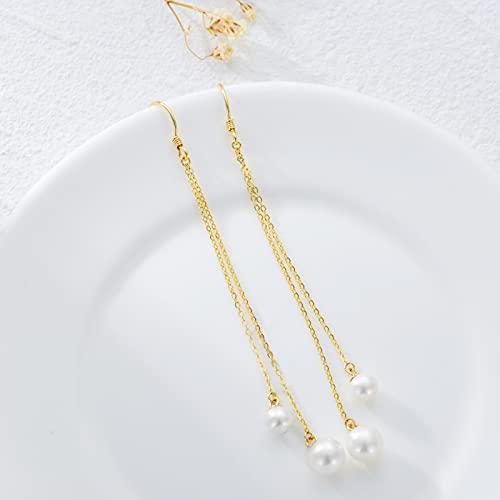14Kt Solid Gold Pearl Dangle Drop Earrings, Freshwater Pearls Threader Long Chain Hook Earrings Gold Jewelry Anniversary Present For Women Girls Wife Mom #TOP2