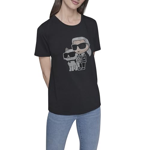 Karl Lagerfeld Camiseta de Manga Corta para Mujer con Logotipo Brillante, Negro, M