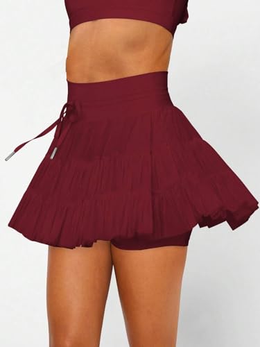 EARKOHA 2025 Skirts for Women High Waist Tie Pleated Solid Color Mini Skirt with Pockets Wine Red L3