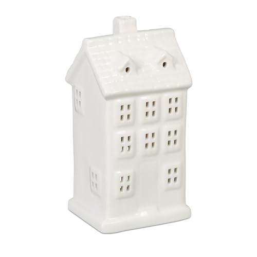 Relaxdays Casita Portavelas de Cerámica, Casa de Luz para 1 Vela de Té, 14,5 x 7 x 6 cm, Portacandelitas, Blanco