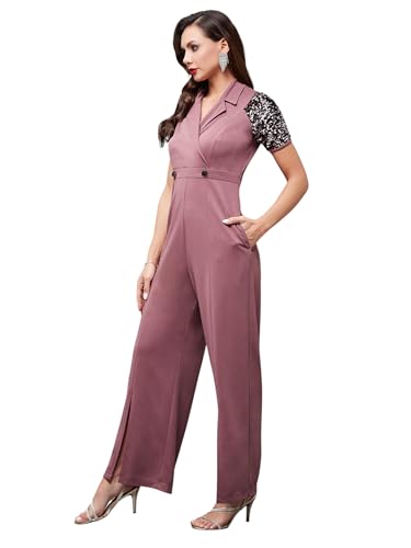 Image of Miss Chase Women's Halter Neck Sleeveless Solid Wide Leg Sequin Paneled Regular Length Jumpsuit