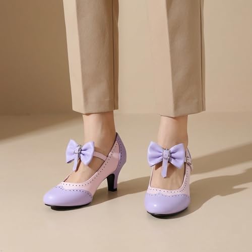 LIURUIJIA Women's Mary Jane Heels Vintage Two Tone Bow Pumps Round Toe Kitten Heel Dress Shoes for Wedding Tea Party Date Night Purple 11 by LIURUIJIA - Used condition - Image 3