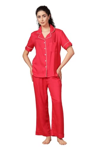 Image of Night Suit for Women's| Solid Night Dress| Half Sleeves Shirt and Pajama Set