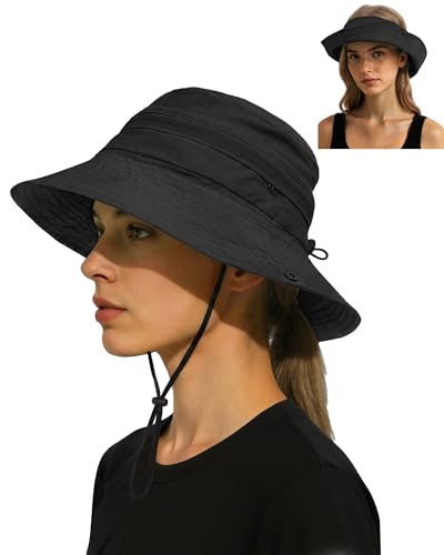 Senker Fashion Sun Hats for Women Men, Waterproof Packable 2 in 1 UV Protection Sunhat for Summer Hiking Outdoor Garden Black