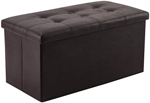 YOUDENOVA 30 inches Folding Storage Ottoman, 80L Storage Bench for Bedroom and Hallway, Faux Leather Brown Footrest with Foam Padded Seat, Support 350lbs