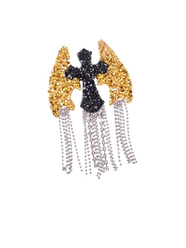 Taoxekoro Brooch Pin with Black and Silver Rhinestones, Dangling Chain Fringe, Iron-On Patch for Jackets, Jeans, Caps, DIY Fashion Accessories (Golden black)