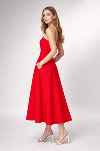 Image of Women's Spaghetti Strap Midi Dress, Fit and Flare A-Line Silhouette, Square Neck Summer Sundress