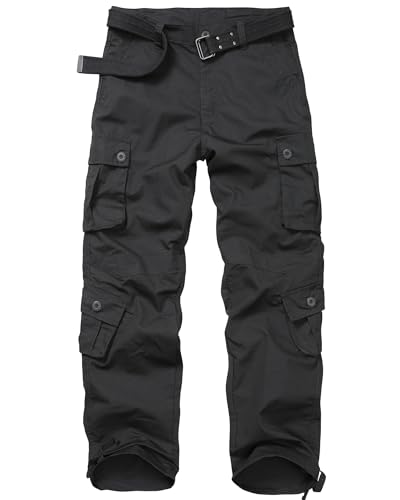 Black Cargo Hiking Pants Men's Cotton Tactical Work Trousers with 8 Pockets for Outdoor Wild Travel Casual Size 38