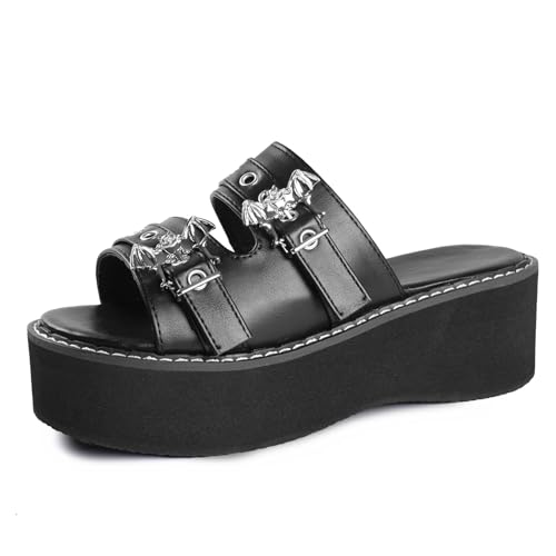 Gothniero women black platform sandals goth wedge sandals girls gothic chunky heel sandals for women metallic bats slippers slides size 5.5-11