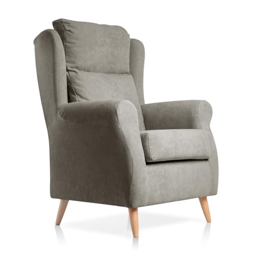 SUENOSZZZ-ESPECIALISTAS DEL DESCANSO Sillón orejero Dulce con Patas nórdicas butaca tapizada en Tela Antimanchas Color Gris