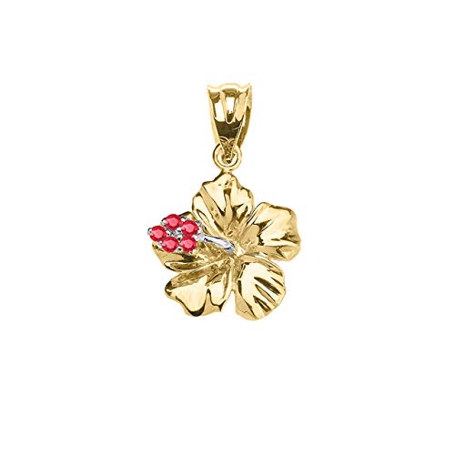 Certified 10k Gold Dainty Red CZ Caribbean Hibiscus (Malvaceae) Pendant